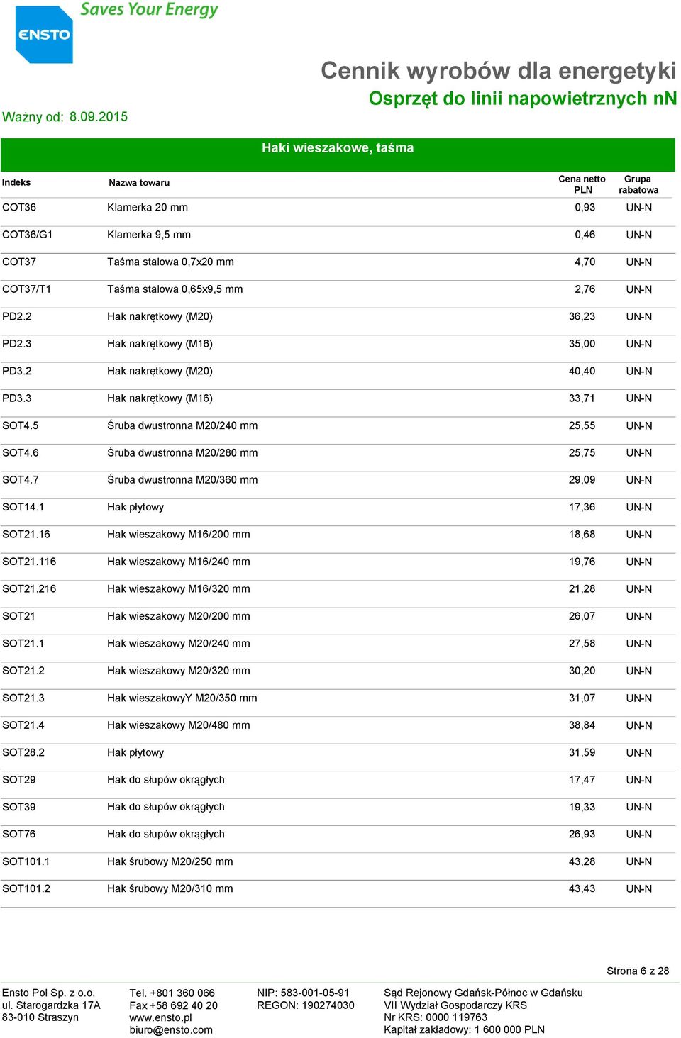 5 Śruba dwustronna M20/240 mm 25,55 UN-N SOT4.6 Śruba dwustronna M20/280 mm 25,75 UN-N SOT4.7 Śruba dwustronna M20/360 mm 29,09 UN-N SOT14.1 Hak płytowy 17,36 UN-N SOT21.