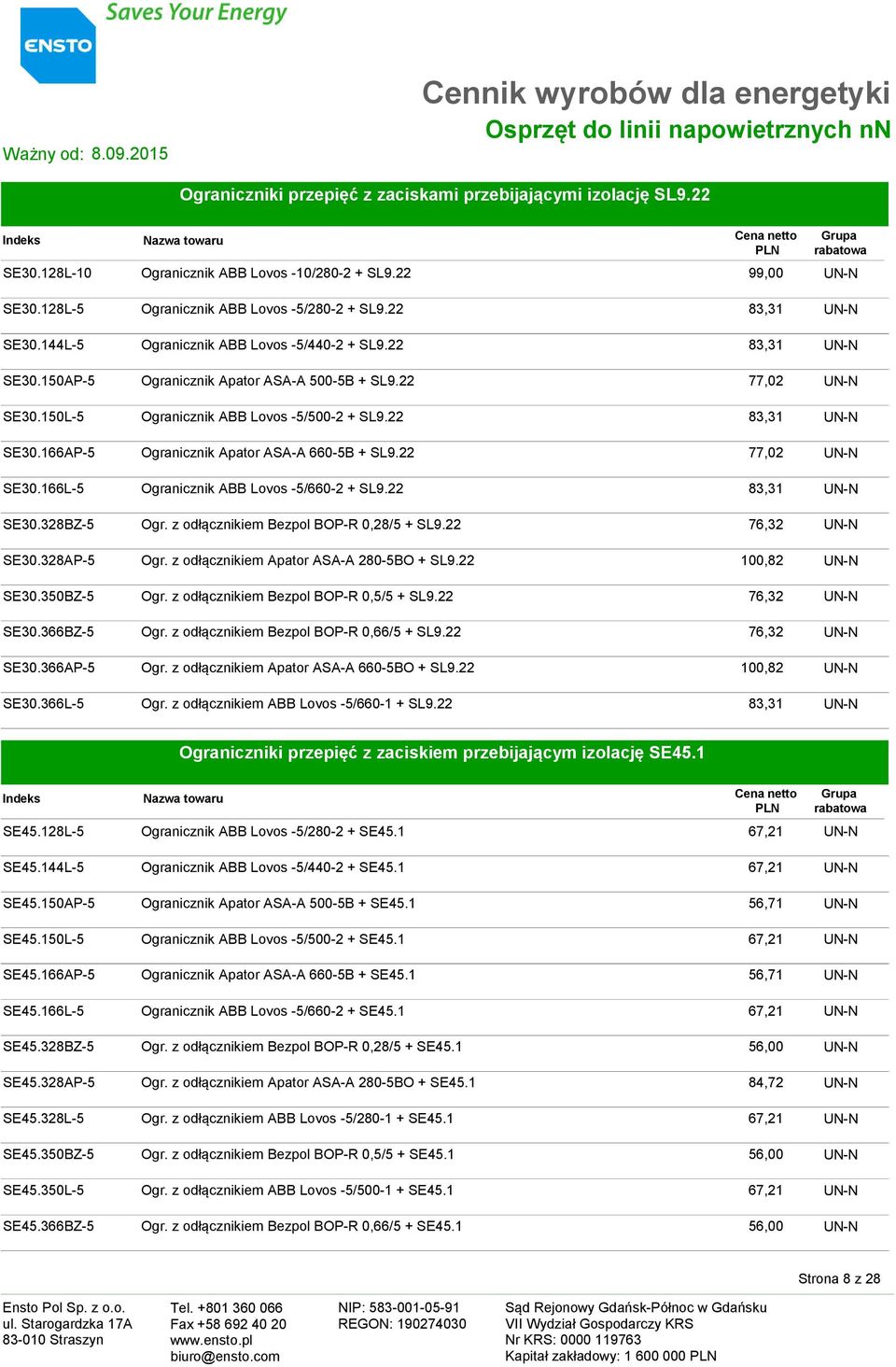 150L-5 Ogranicznik ABB Lovos -5/500-2 + SL9.22 83,31 UN-N SE30.166AP-5 Ogranicznik Apator ASA-A 660-5B + SL9.22 77,02 UN-N SE30.166L-5 Ogranicznik ABB Lovos -5/660-2 + SL9.22 83,31 UN-N SE30.328BZ-5 Ogr.