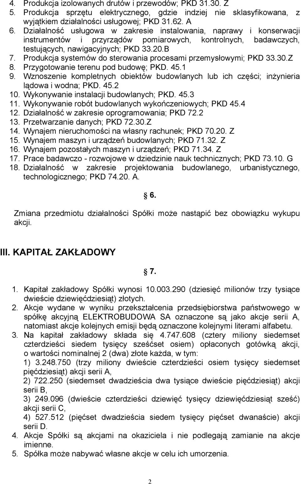 Produkcja systemów do sterowania procesami przemysłowymi; PKD 33.30.Z 8. Przygotowanie terenu pod budowę; PKD. 45.1 9.