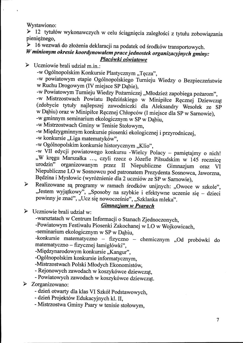 Ogolnopolskiego Turnieju Wiedzy o Bezpieczenstwie w Ruchu Drogowym (IV miejsce SP Dabie), -w Powiatowym Turnieju Wiedzy Pozarniczej,,Mlodziez zapobiega pozarom", -w Mistrzostwach Powiatu Be.