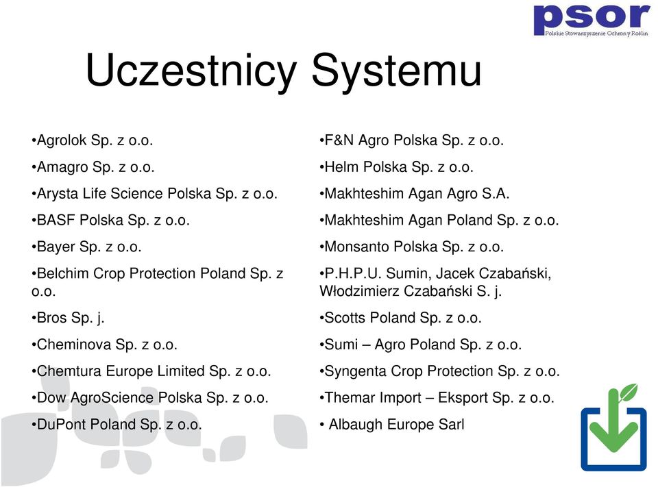 z o.o. Makhteshim Agan Agro S.A. Makhteshim Agan Poland Sp. z o.o. Monsanto Polska Sp. z o.o. P.H.P.U. Sumin, Jacek Czabański, Włodzimierz Czabański S. j.