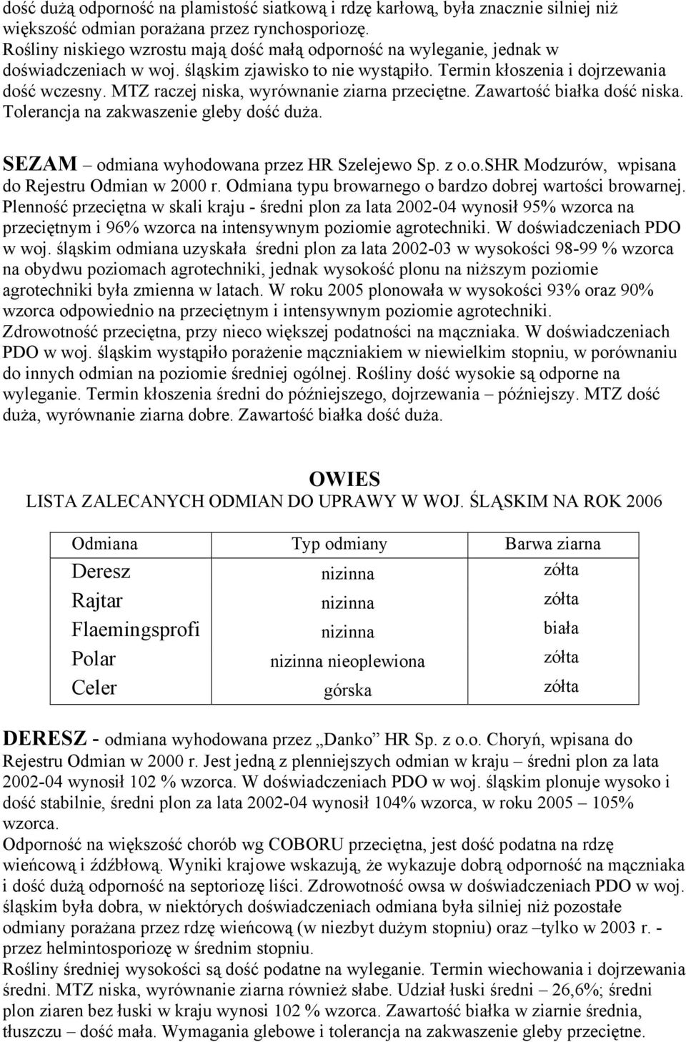 MTZ raczej niska, wyrównanie ziarna przeciętne. Zawartość białka dość niska. Tolerancja na zakwaszenie gleby dość duża. SEZAM odmiana wyhodowana przez HR Szelejewo Sp. z o.o.shr Modzurów, wpisana do Rejestru Odmian w 2000 r.