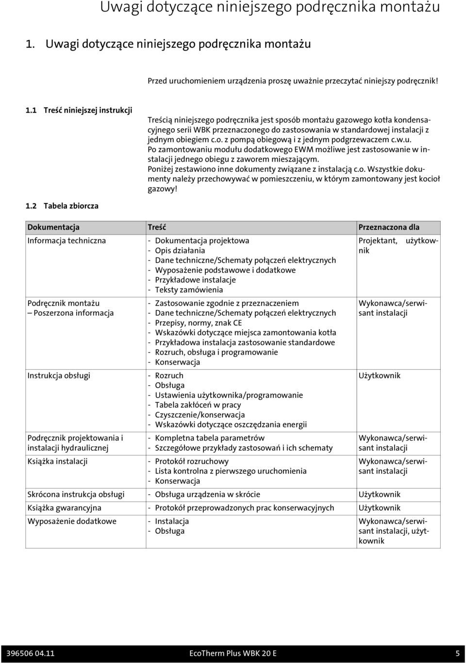 1 Treść niniejszej instrukcji Treścią niniejszego podręcznika jest sposób montażu gazowego kotła kondensacyjnego serii WBK przeznaczonego do zastosowania w standardowej instalacji z jednym obiegiem c.