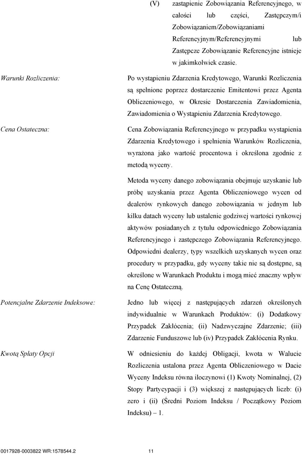 Warunki Rozliczenia: Cena Ostateczna: Po wystąpieniu Zdarzenia Kredytowego, Warunki Rozliczenia są spełnione poprzez dostarczenie Emitentowi przez Agenta Obliczeniowego, w Okresie Dostarczenia