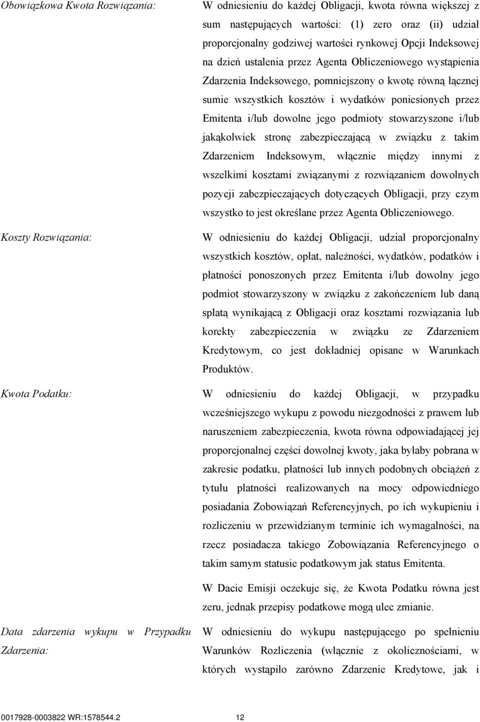 Emitenta i/lub dowolne jego podmioty stowarzyszone i/lub jakąkolwiek stronę zabezpieczającą w związku z takim Zdarzeniem Indeksowym, włącznie między innymi z wszelkimi kosztami związanymi z