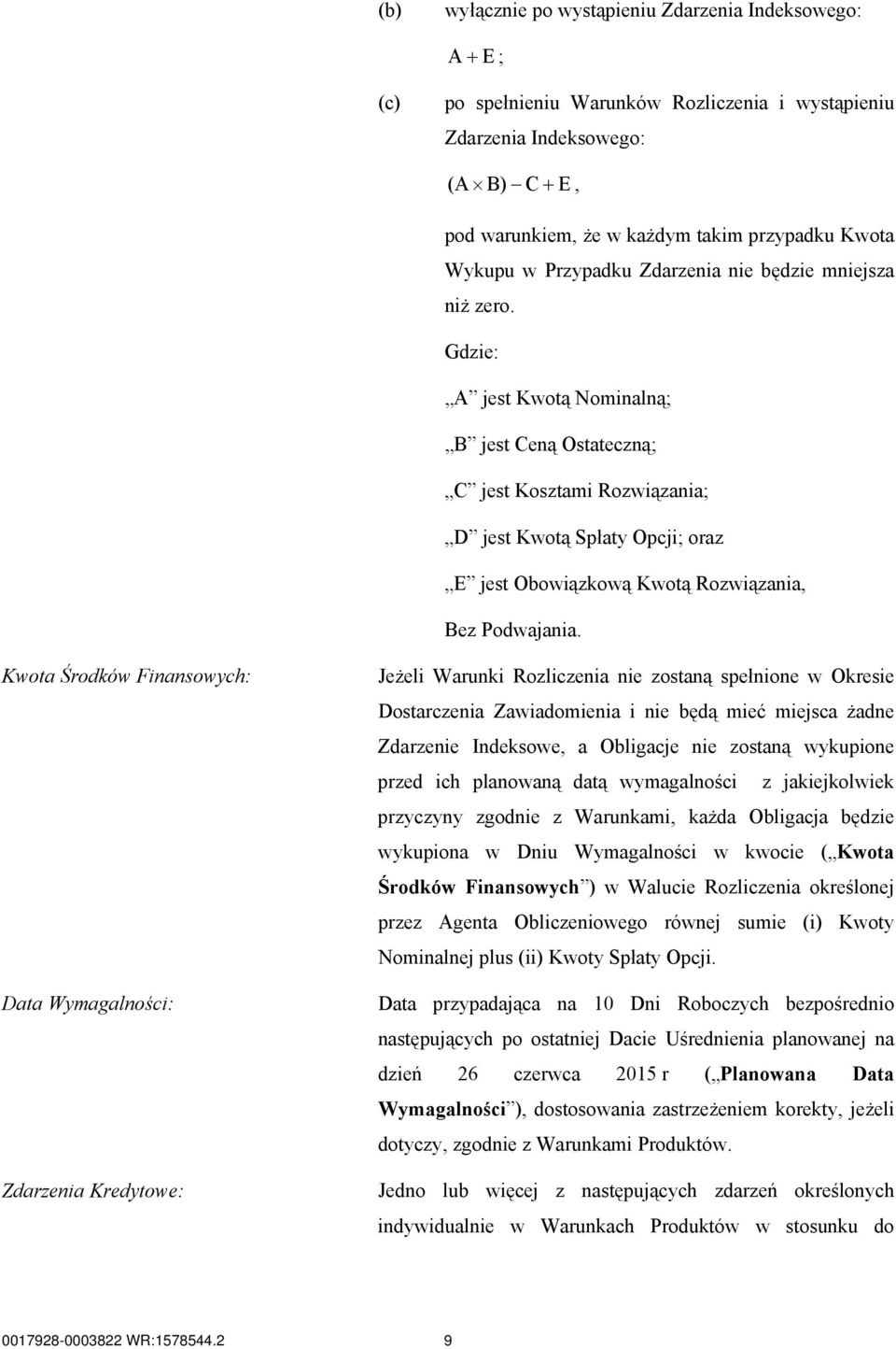 Gdzie: A jest Kwotą Nominalną; B jest Ceną Ostateczną; C jest Kosztami Rozwiązania; D jest Kwotą Spłaty Opcji; oraz E jest Obowiązkową Kwotą Rozwiązania, Bez Podwajania.