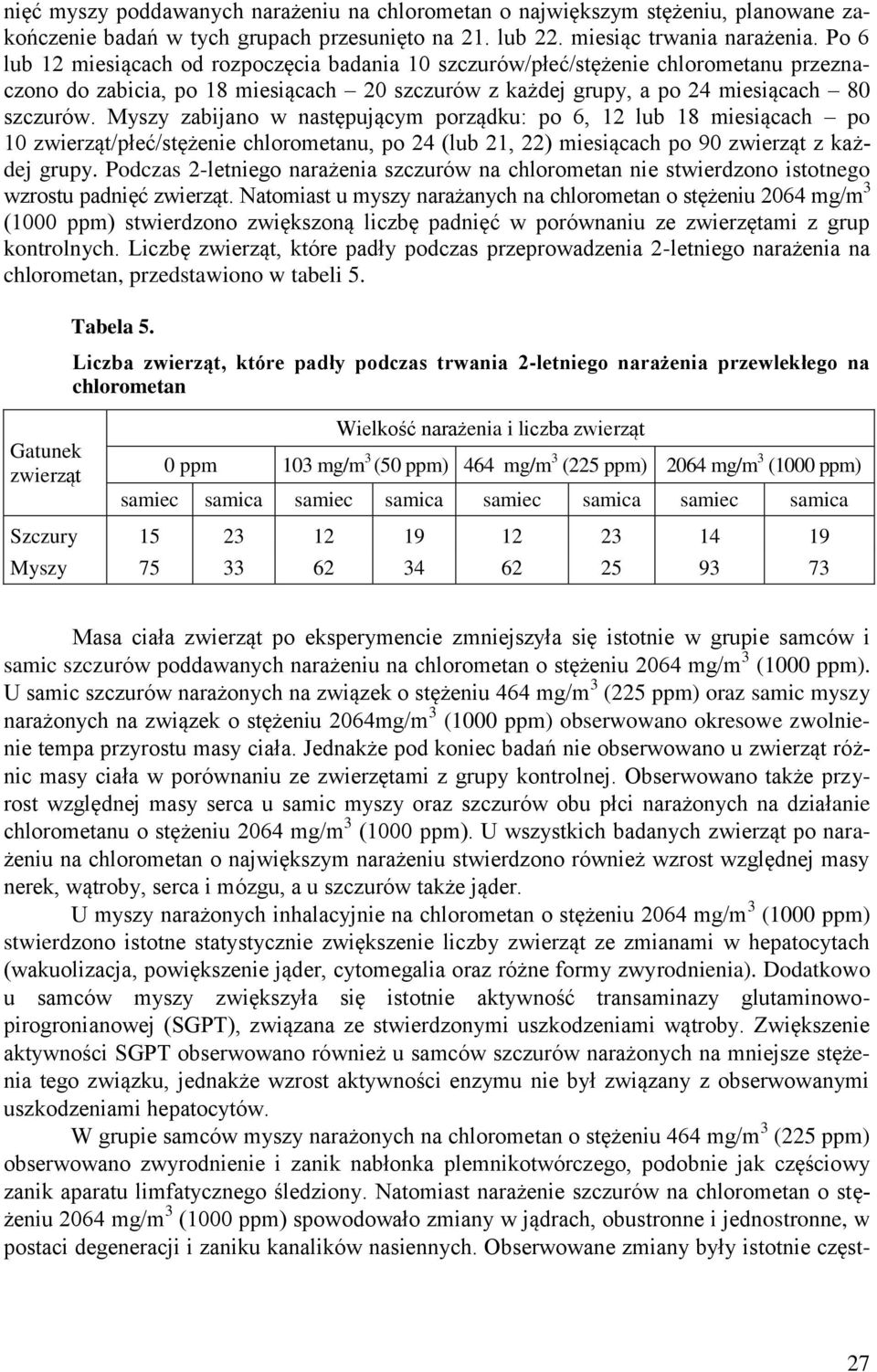 Myszy zabijano w następującym porządku: po 6, 12 lub 18 miesiącach po 10 zwierząt/płeć/stężenie chlorometanu, po 24 (lub 21, 22) miesiącach po 90 zwierząt z każdej grupy.