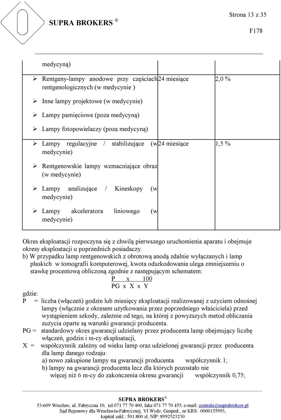 24 miesiące 2,0 % 24 miesiące 1,5 % Okres eksploatacji rozpoczyna się z chwilą pierwszego uruchomienia aparatu i obejmuje okresy eksploatacji u poprzednich posiadaczy.