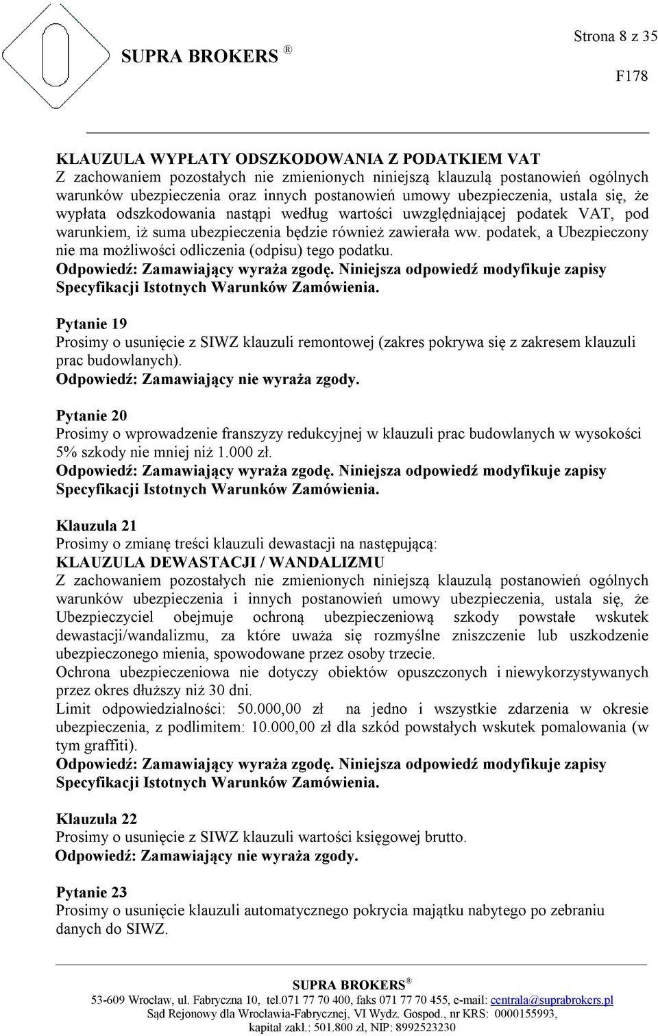 podatek, a Ubezpieczony nie ma możliwości odliczenia (odpisu) tego podatku. Pytanie 19 Prosimy o usunięcie z SIWZ klauzuli remontowej (zakres pokrywa się z zakresem klauzuli prac budowlanych).