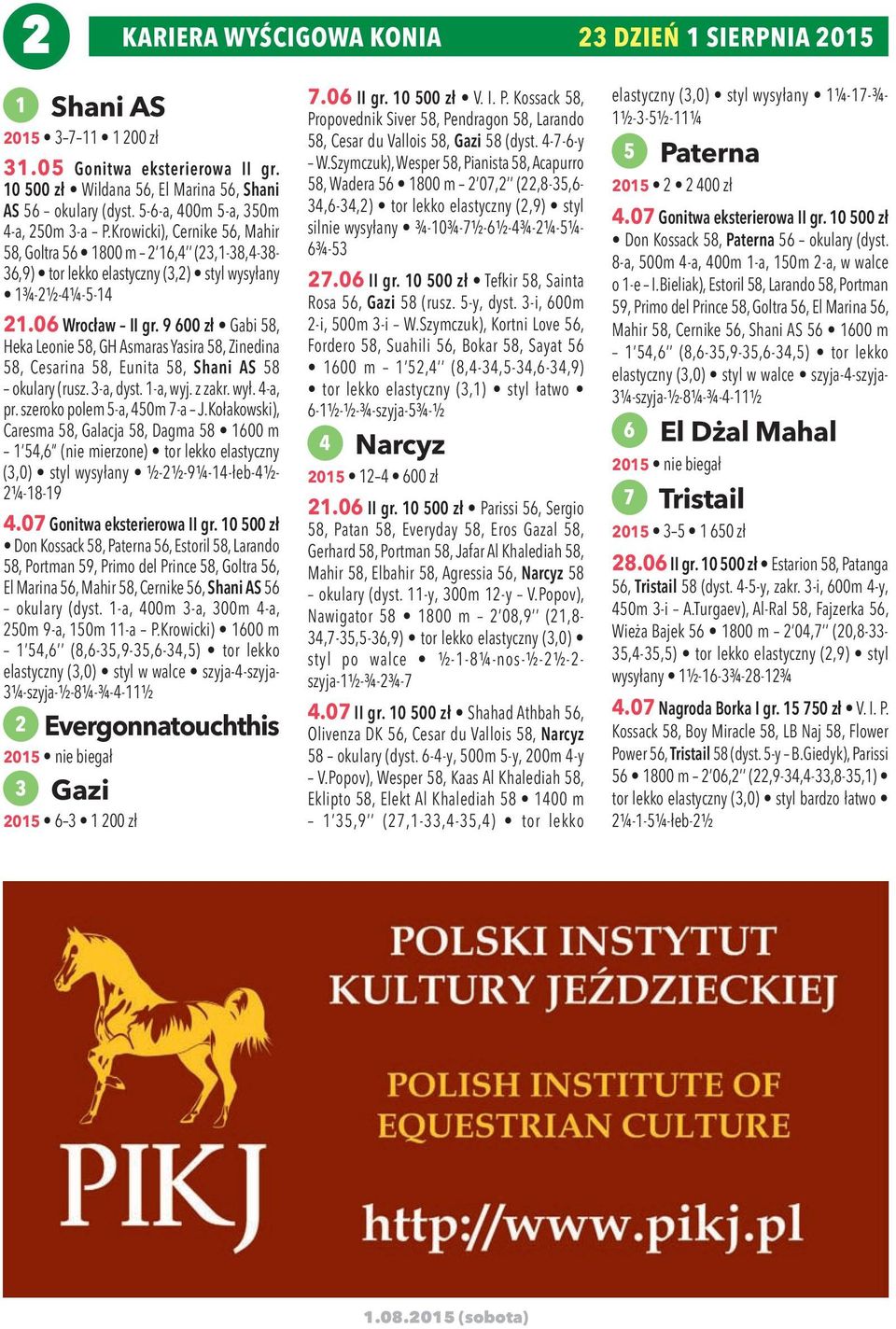 9 600 zł Gabi 58, Heka Leonie 58, GH Asmaras Yasira 58, Zinedina 58, Cesarina 58, Eunita 58, Shani AS 58 okulary (rusz. -a, dyst. 1-a, wyj. z zakr. wył. 4-a, pr. szeroko polem 5-a, 450m 7-a J.