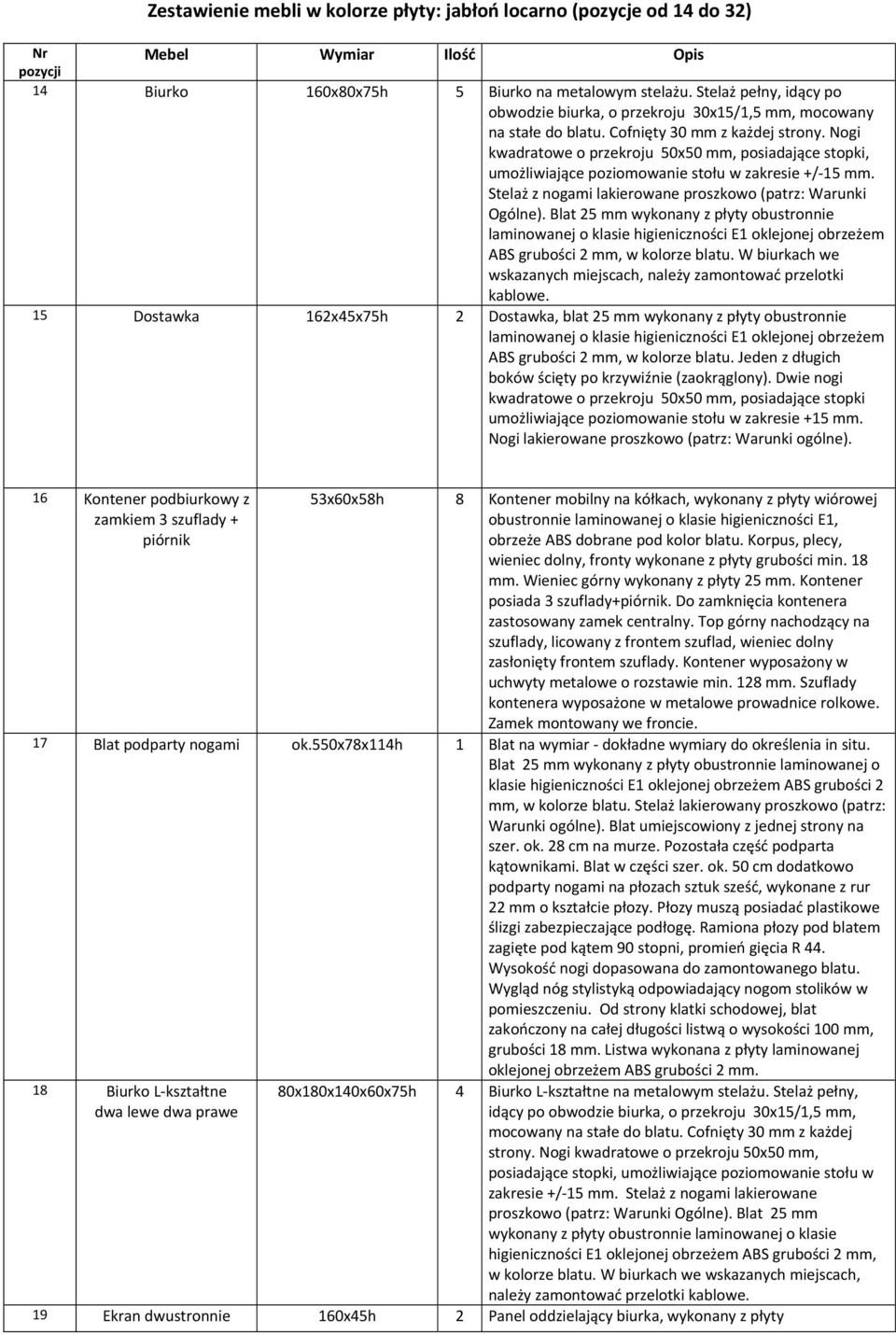 Nogi kwadratowe o przekroju 50x50 mm, posiadające stopki, umożliwiające poziomowanie stołu w zakresie /-15 mm. Stelaż z nogami lakierowane proszkowo (patrz: Warunki Ogólne).