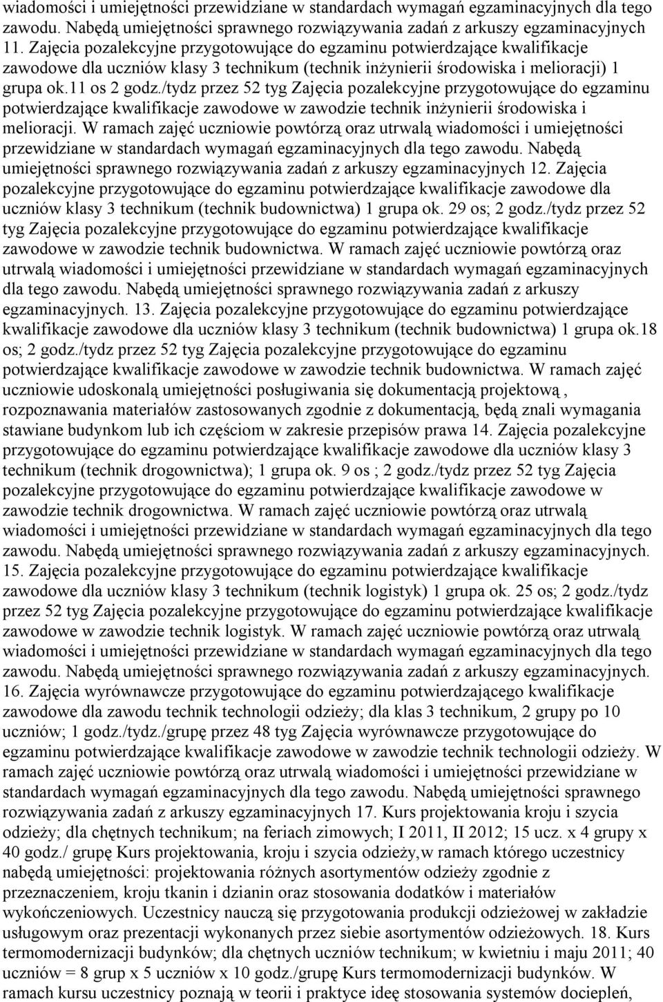 /tydz przez 52 tyg Zajęcia pozalekcyjne przygotowujące do egzaminu potwierdzające kwalifikacje zawodowe w zawodzie technik inżynierii środowiska i melioracji.