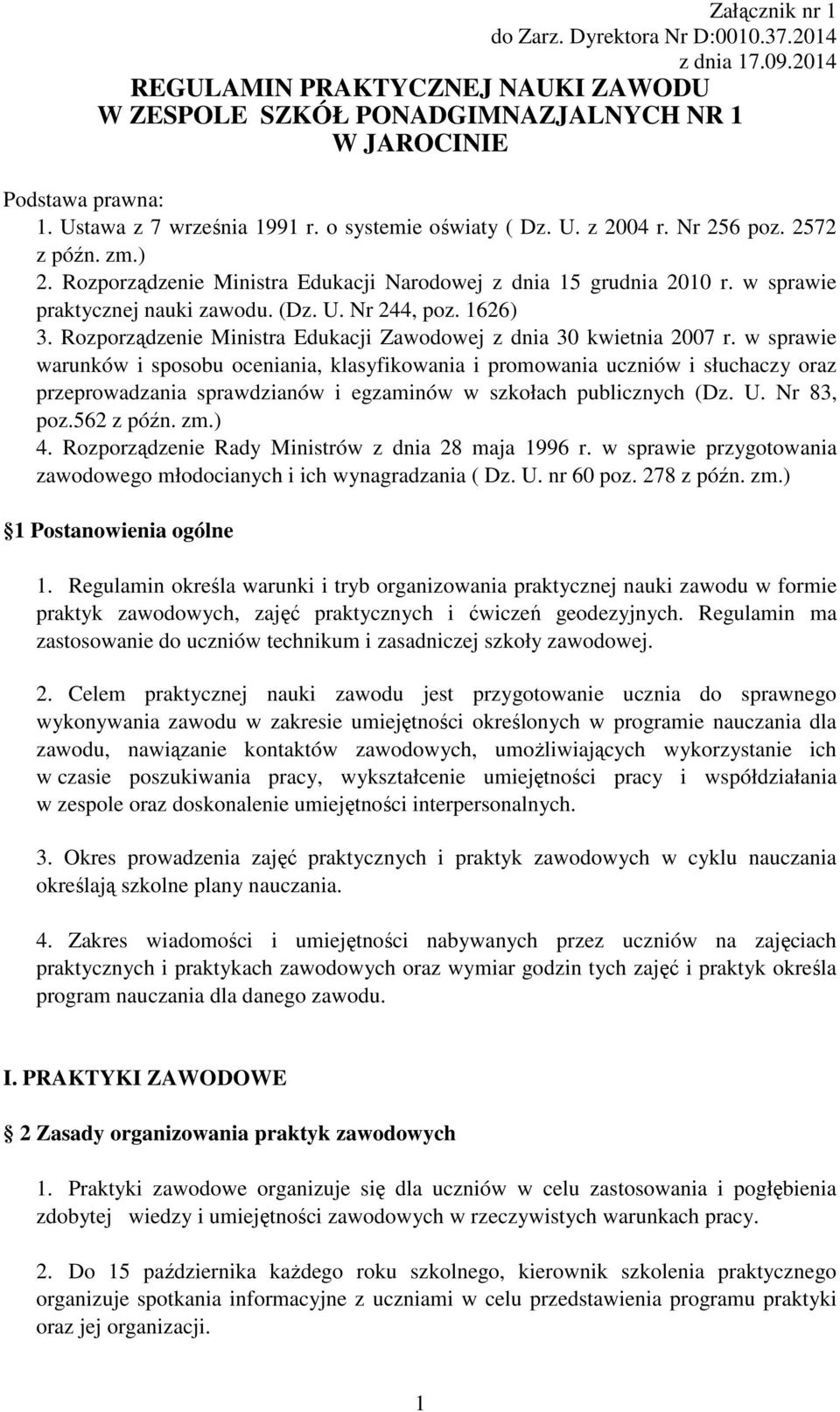 Rozporządzenie Ministra Edukacji Zawodowej z dnia 30 kwietnia 2007 r.