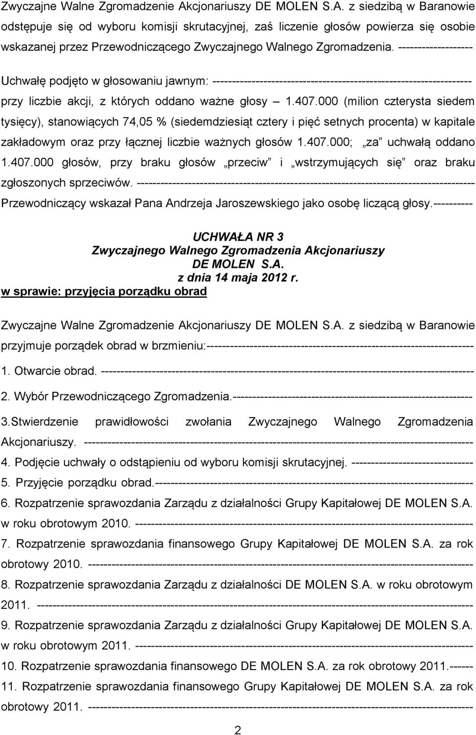 ---------- UCHWAŁA NR 3 w sprawie: przyjęcia porządku obrad Zwyczajne Walne Zgromadzenie Akcjonariuszy z siedzibą w Baranowie przyjmuje porządek obrad w