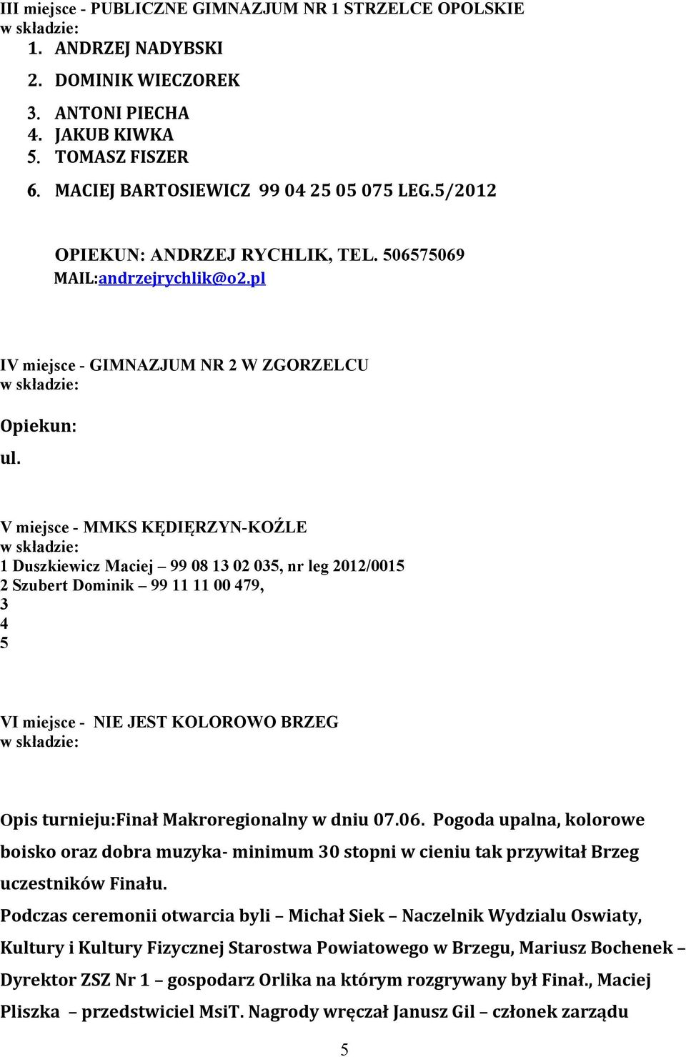 V miejsce - MMKS KĘDIĘRZYN-KOŹLE 1 Duszkiewicz Maciej 99 08 13 02 035, nr leg 2012/0015 2 Szubert Dominik 99 11 11 00 479, 3 4 5 VI miejsce - NIE JEST KOLOROWO BRZEG Opis turnieju:finał