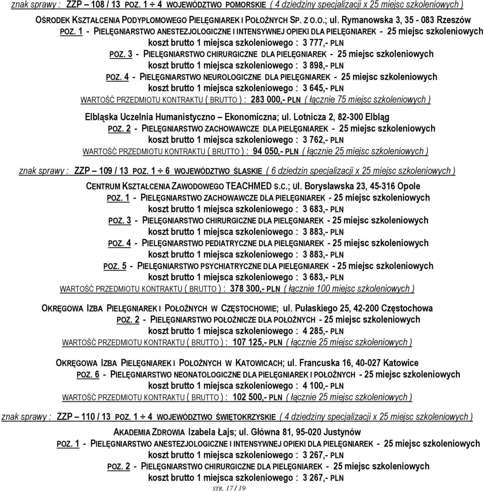 3 - PIELĘGNIARSTWO CHIRURGICZNE DLA PIELĘGNIAREK - 25 miejsc szkoleniowych koszt brutto 1 miejsca szkoleniowego : 3 898,- PLN POZ.