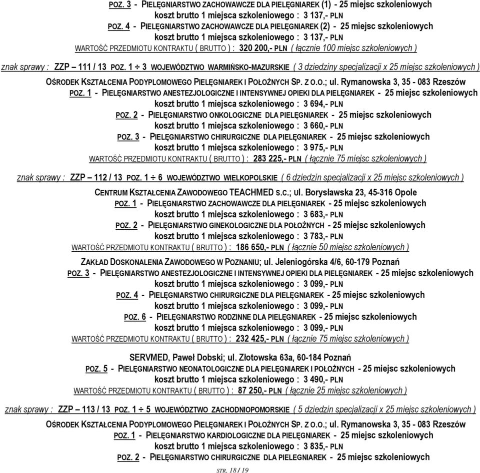 miejsc szkoleniowych ) znak sprawy : ZZP 111 / 13 POZ.