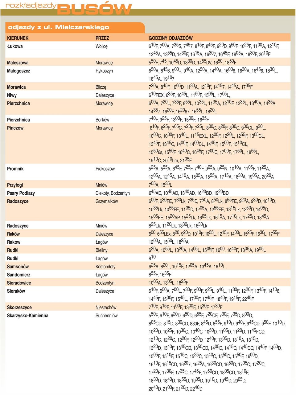 Bilczę 7 20 A, 8 45 F, 10 05 D, 11 30 A, 12 40 F, 14 15 7, 14 45 A, 17 35 F Niwy Daleszyce 6 10 FEX, 6 35 F, 10 45 L, 11 50 F, 15 05 L, 17 05 L, Pierzchnica Morawicę 6 00 A, 7 20 L, 7 35 F, 8 55 L,
