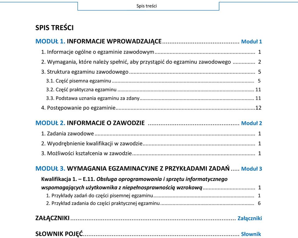 INFORMACJE O ZAWODZIE... Moduł 2 1. Zadania zawodowe... 1 2. Wyodrębnienie kwalifikacji w zawodzie... 1 3. Możliwości kształcenia w zawodzie... 1 MODUŁ 3. WYMAGANIA EGZAMINACYJNE Z PRZYKŁADAMI ZADAO.