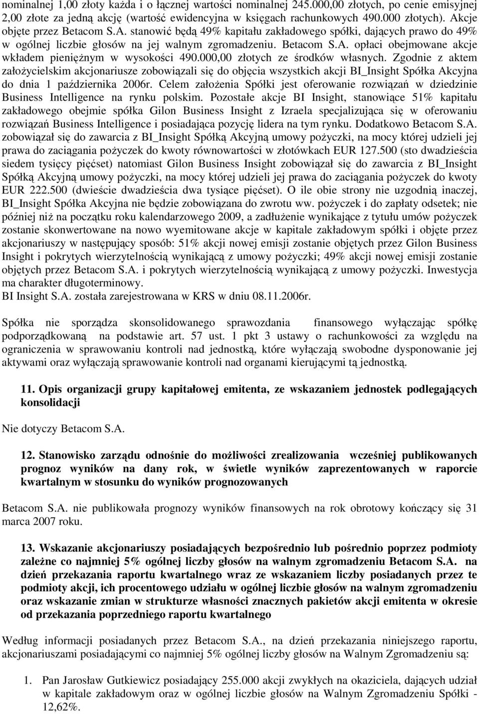 000,00 złotych ze środków własnych. Zgodnie z aktem załoŝycielskim akcjonariusze zobowiązali się do objęcia wszystkich akcji BI_Insight Spółka Akcyjna do dnia 1 października 2006r.