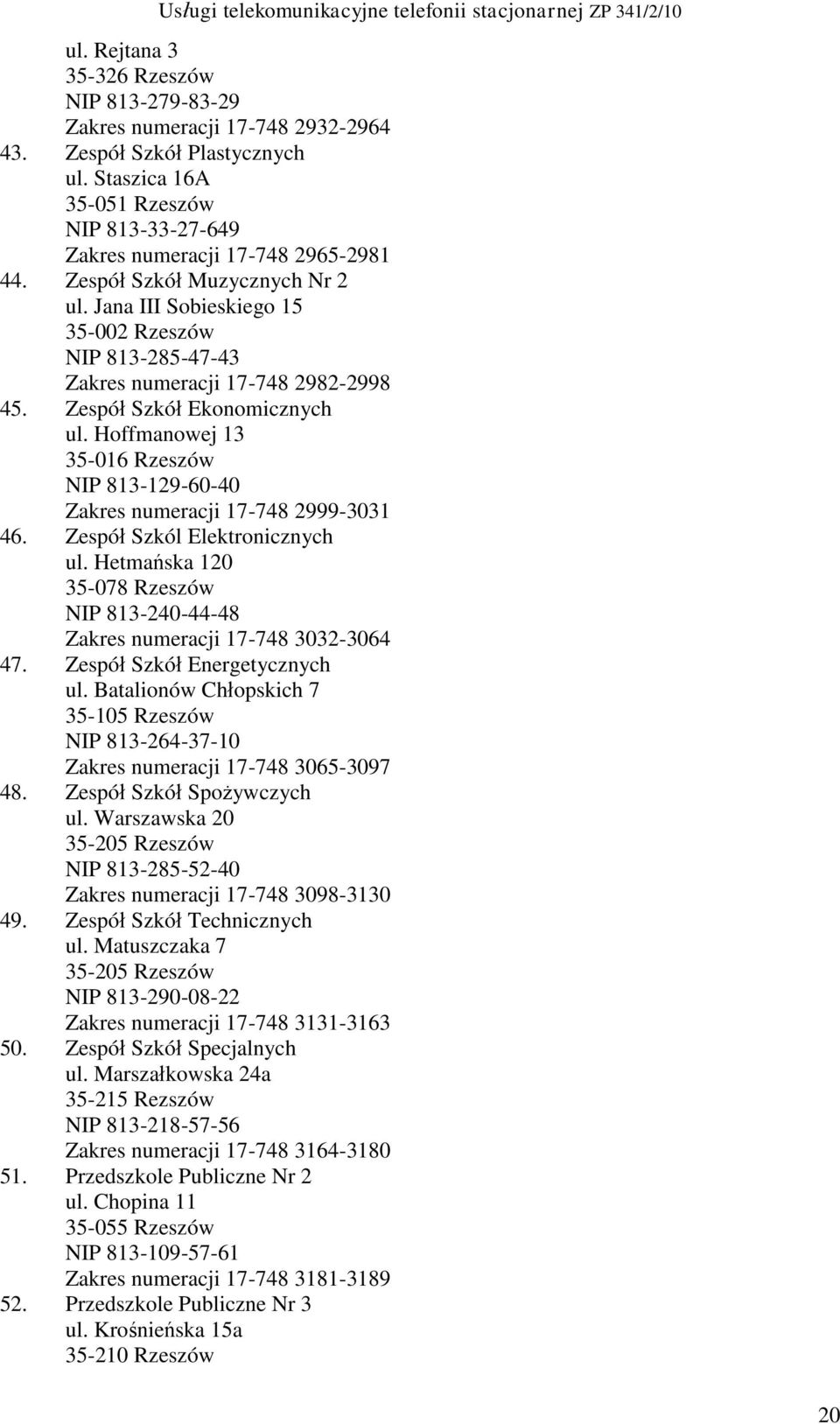 Hoffmanowej 13 35-016 Rzeszów NIP 813-129-60-40 Zakres numeracji 17-748 2999-3031 46. Zespół Szkól Elektronicznych ul.