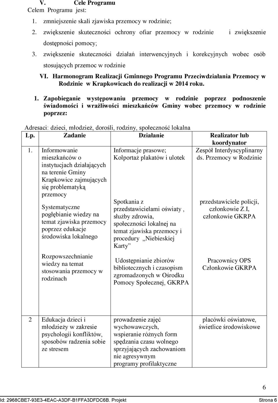 Harmonogram Realizacji Gminnego Programu Przeciwdziałania Przemocy w Rodzinie w Krapkowicach do realizacji w 2014 roku. 1.