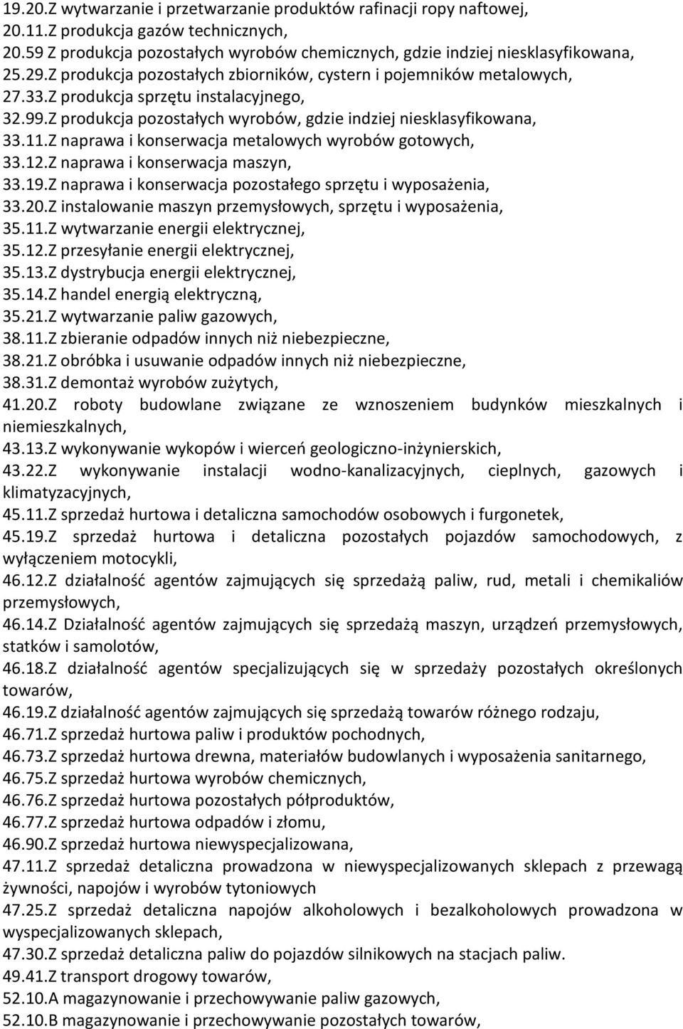 Z naprawa i konserwacja metalowych wyrobów gotowych, 33.12.Z naprawa i konserwacja maszyn, 33.19.Z naprawa i konserwacja pozostałego sprzętu i wyposażenia, 33.20.