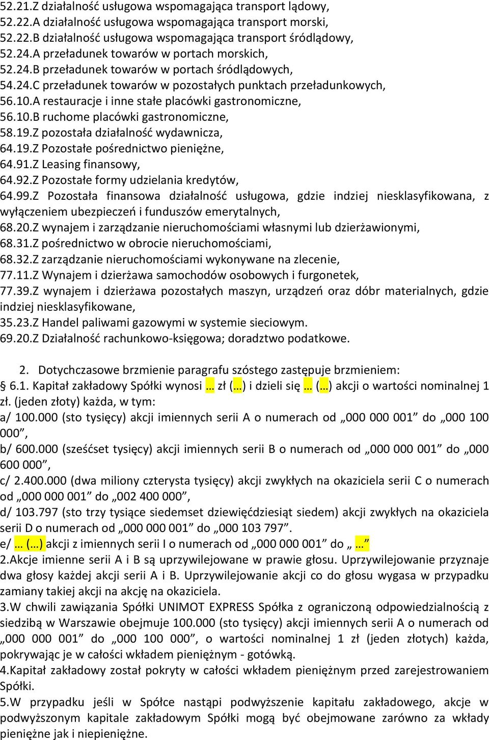 A restauracje i inne stałe placówki gastronomiczne, 56.10.B ruchome placówki gastronomiczne, 58.19.Z pozostała działalność wydawnicza, 64.19.Z Pozostałe pośrednictwo pieniężne, 64.91.