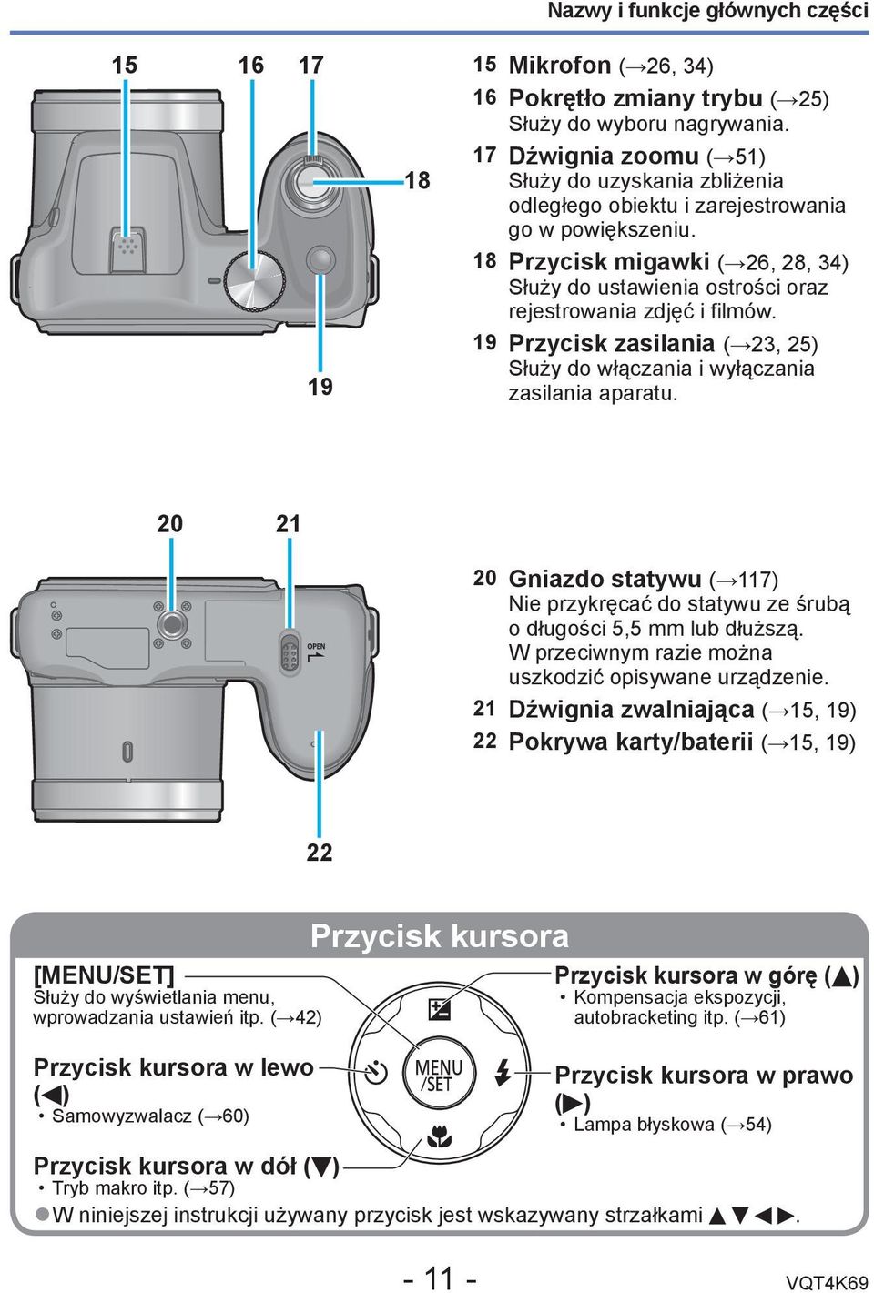 18 Przycisk migawki ( 26, 28, 34) Służy do ustawienia ostrości oraz rejestrowania zdjęć i filmów. 19 Przycisk zasilania ( 23, 25) Służy do włączania i wyłączania zasilania aparatu.