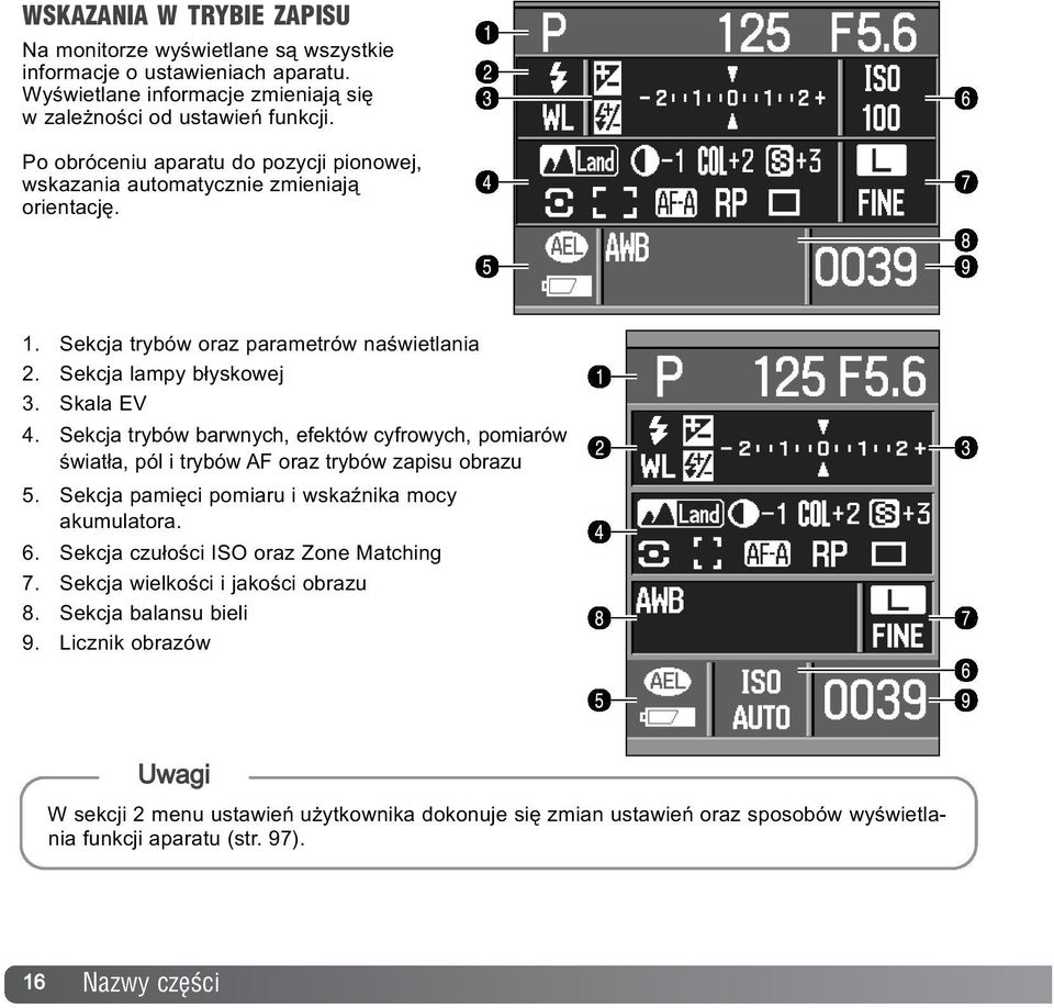 Sekcja trybów barwnych, efektów cyfrowych, pomiarów œwiat³a, pól i trybów AF oraz trybów zapisu obrazu 5. Sekcja pamiêci pomiaru i wskaÿnika mocy akumulatora. 6.