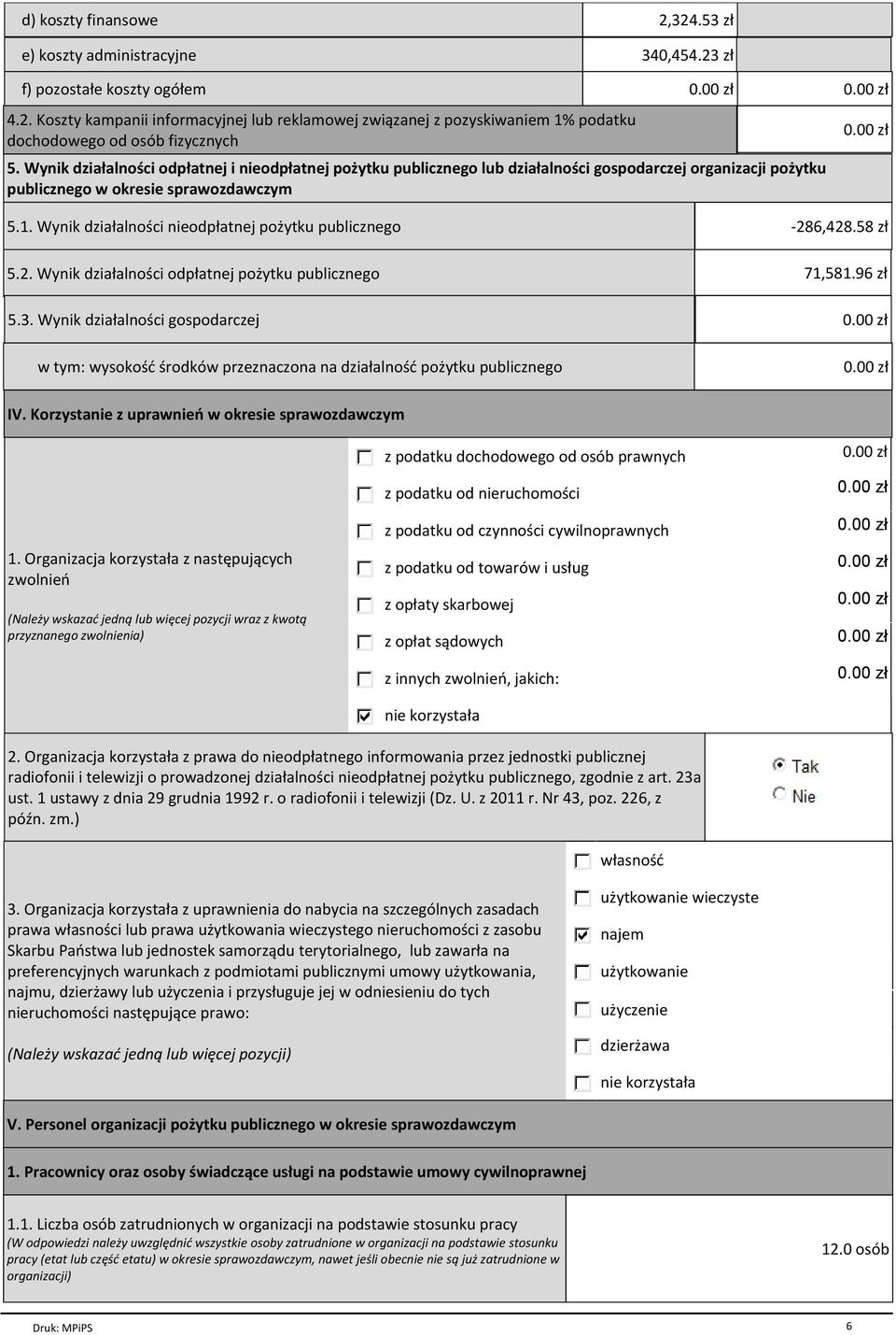 Wynik dziaіalnoњci nieodpіatnej poїytku publicznego -286,428.58 zі 5.2. Wynik dziaіalnoњci odpіatnej poїytku publicznego 71,581.96 zі 5.3.