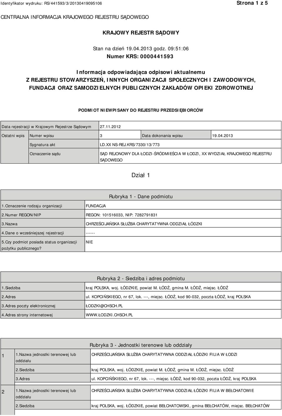 OPIEKI ZDROWOTNEJ PODMIOT NIEWPISANY DO REJESTRU PRZEDSIĘBIORCÓW Data rejestracji w Krajowym Rejestrze Sądowym 27.11.2012 Ostatni wpis Numer wpisu 3 Data dokonania wpisu 19.04.