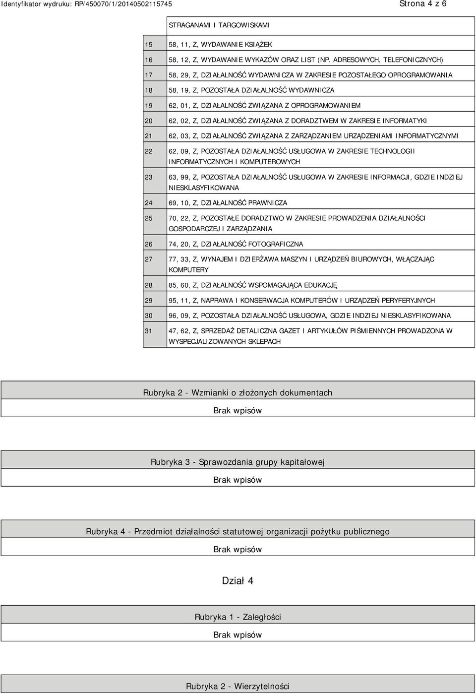 20 62, 02, Z, DZIAŁALNOŚĆ ZWIĄZANA Z DORADZTWEM W ZAKRESIE INFORMATYKI 21 62, 03, Z, DZIAŁALNOŚĆ ZWIĄZANA Z ZARZĄDZAM URZĄDZENIAMI INFORMATYCZNYMI 22 62, 09, Z, POZOSTAŁA DZIAŁALNOŚĆ USŁUGOWA W