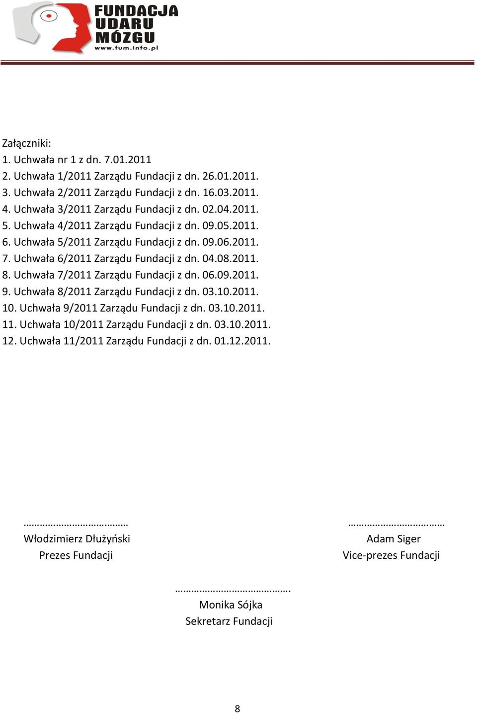 Uchwała 6/2011 Zarządu Fundacji z dn. 04.08.2011. 8. Uchwała 7/2011 Zarządu Fundacji z dn. 06.09.2011. 9. Uchwała 8/2011 Zarządu Fundacji z dn. 03.10.2011. 10.