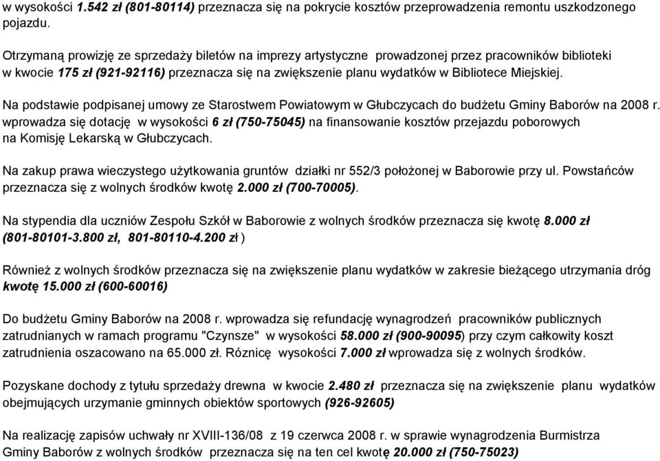 Na podstawie podpisanej umowy ze Starostwem Powiatowym w Głubczycach do budżetu Gminy Baborów na 2008 r.