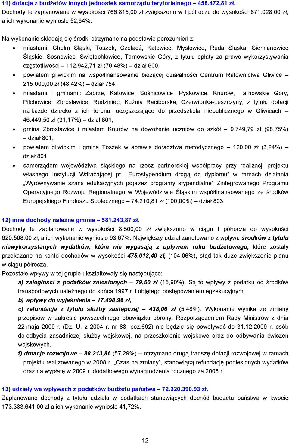 Na wykonanie składają się środki otrzymane na podstawie porozumień z: miastami: Chełm Śląski, Toszek, Czeladź, Katowice, Mysłowice, Ruda Śląska, Siemianowice Śląskie, Sosnowiec, Świętochłowice,