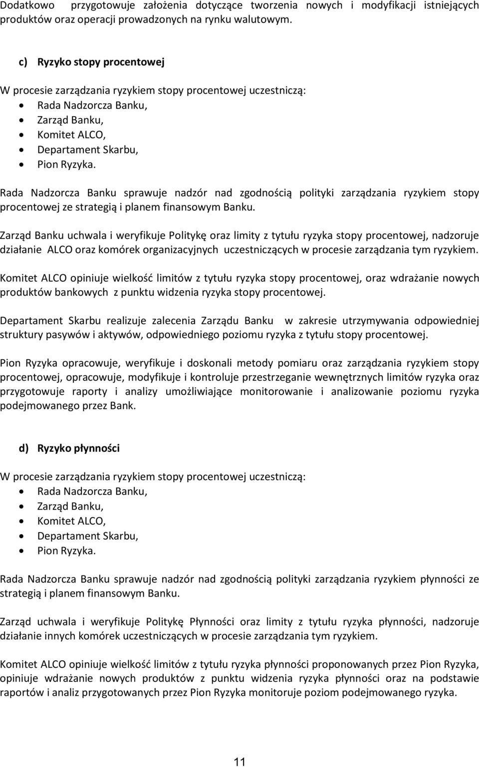 Rada Nadzorcza Banku sprawuje nadzór nad zgodnością polityki zarządzania ryzykiem stopy procentowej ze strategią i planem finansowym Banku.