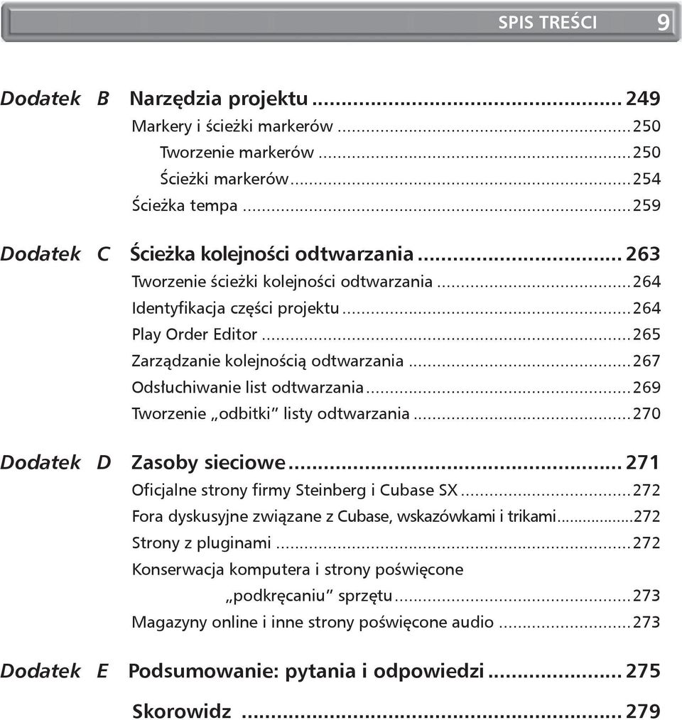 ..269 Tworzenie odbitki listy odtwarzania...270 Dodatek D Zasoby sieciowe... 271 Oficjalne strony firmy Steinberg i Cubase SX...272 Fora dyskusyjne związane z Cubase, wskazówkami i trikami.