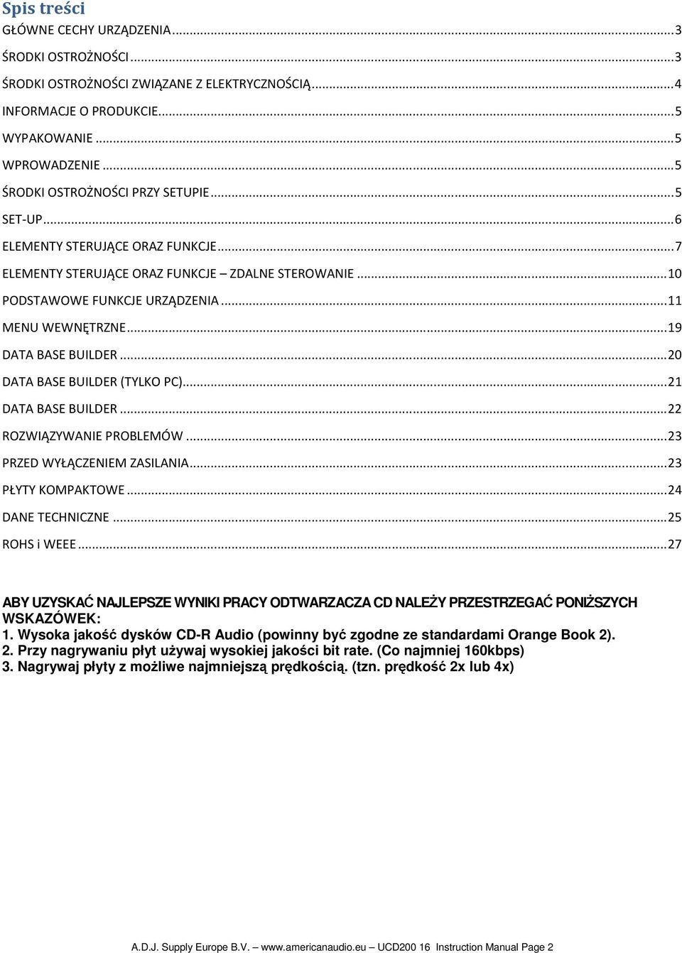 .. 19 DATA BASE BUILDER... 20 DATA BASE BUILDER (TYLKO PC)... 21 DATA BASE BUILDER... 22 ROZWIĄZYWANIE PROBLEMÓW... 23 PRZED WYŁĄCZENIEM ZASILANIA... 23 PŁYTY KOMPAKTOWE... 24 DANE TECHNICZNE.