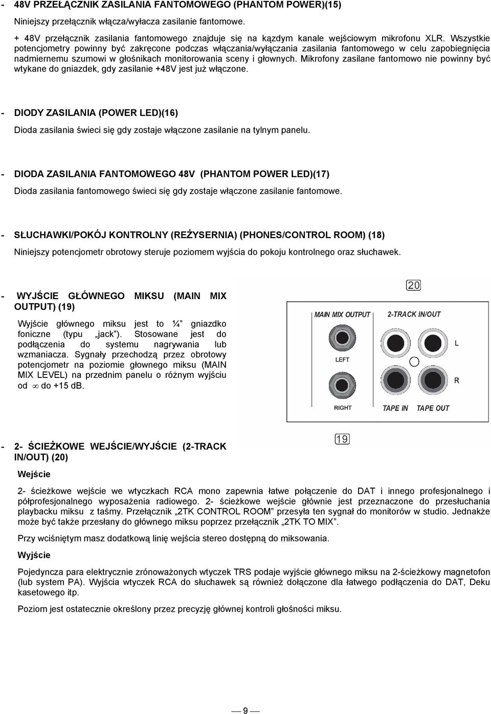 Wszystkie potencjometry powinny być zakręcone podczas włączania/wyłączania zasilania fantomowego w celu zapobiegnięcia nadmiernemu szumowi w głośnikach monitorowania sceny i głownych.