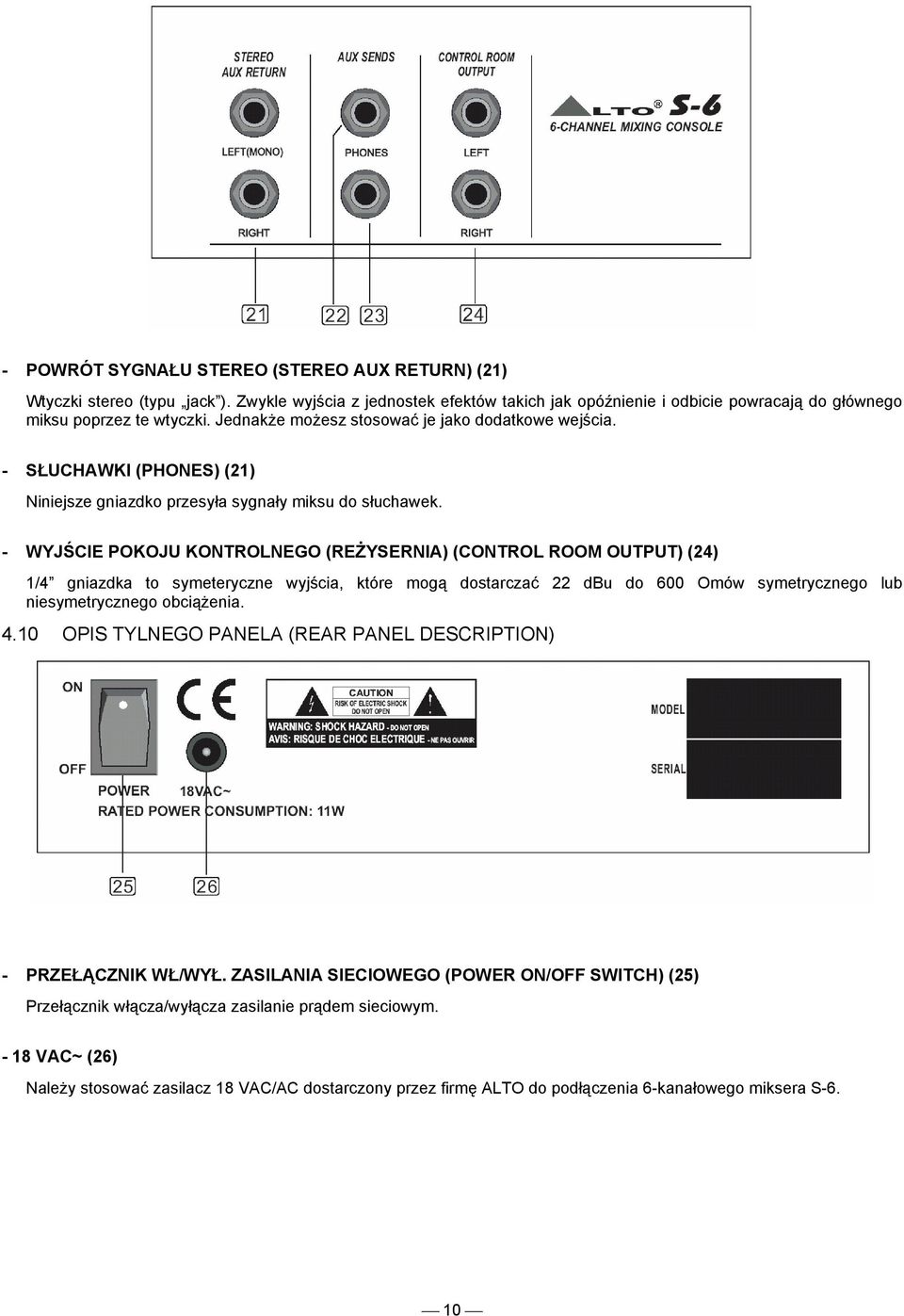 - WYJŚCIE POKOJU KONTROLNEGO (REŻYSERNIA) (CONTROL ROOM OUTPUT) (24) 1/4 gniazdka to symeteryczne wyjścia, które mogą dostarczać 22 dbu do 600 Omów symetrycznego lub niesymetrycznego obciążenia. 4.