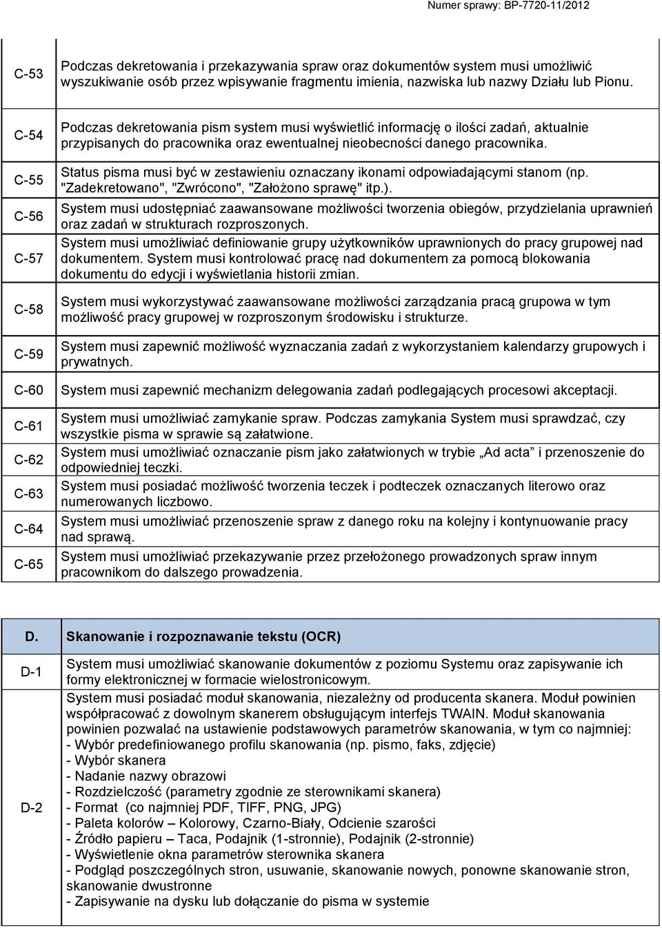 Status pisma musi być w zestawieniu oznaczany ikonami odpowiadającymi stanom (np. "Zadekretowano", "Zwrócono", "Założono sprawę" itp.).