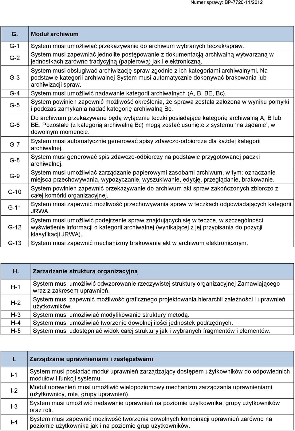 G-3 System musi obsługiwać archiwizację spraw zgodnie z ich kategoriami archiwalnymi. Na podstawie kategorii archiwalnej System musi automatycznie dokonywać brakowania lub archiwizacji spraw.