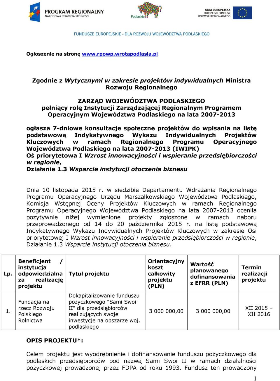 Województwa Podlaskiego na lata 2007-2013 ogłasza 7-dniowe konsultacje społeczne projektów do wpisania na listę podstawową Indykatywnego Wykazu Indywidualnych Projektów Kluczowych w ramach