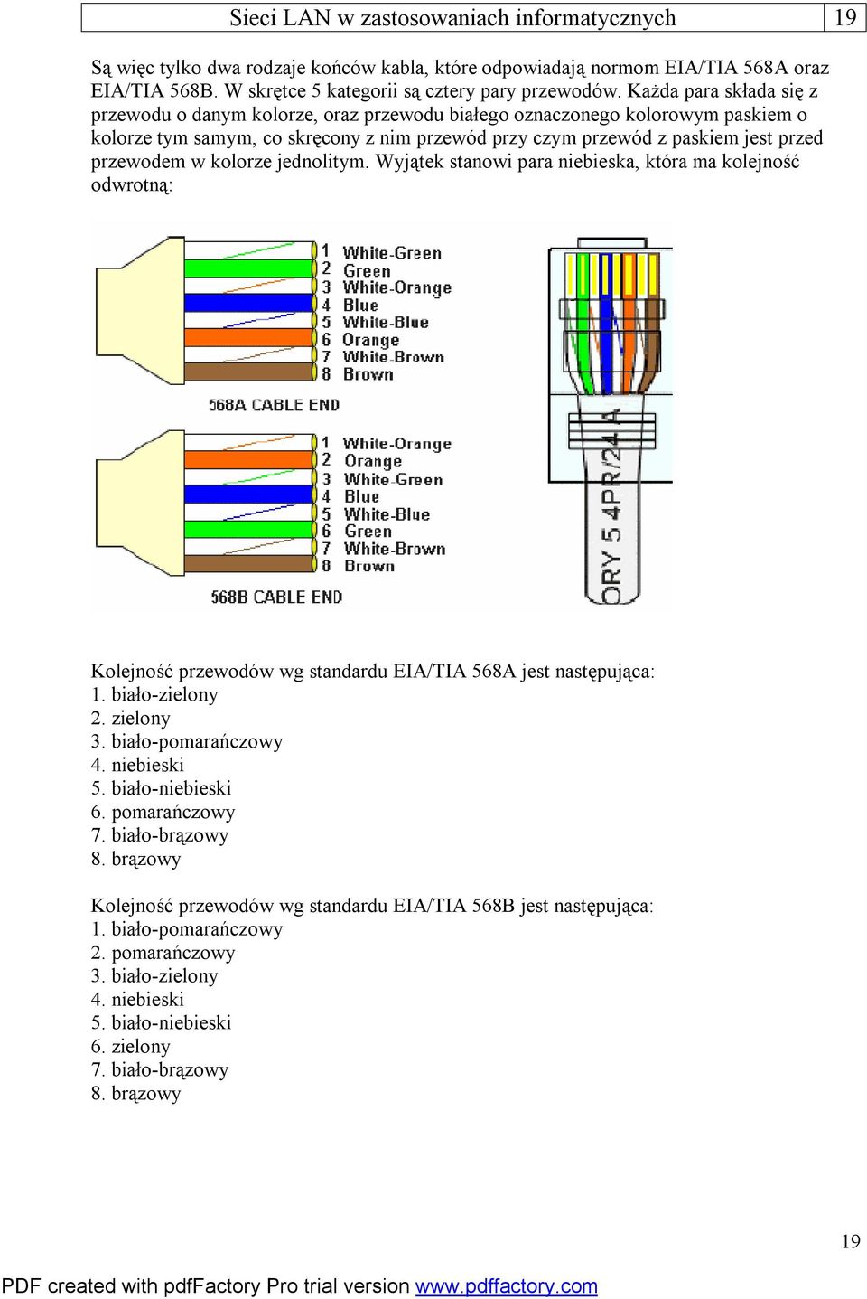 kolorze jednolitym. Wyjątek stanowi para niebieska, która ma kolejność odwrotną: Kolejność przewodów wg standardu EIA/TIA 568A jest następująca: 1. biało-zielony 2. zielony 3. biało-pomarańczowy 4.