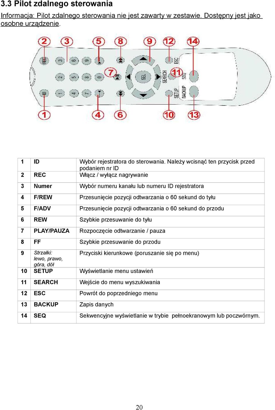 Przesunięcie pozycji odtwarzania o 60 sekund do przodu 6 REW Szybkie przesuwanie do tyłu 7 PLAY/PAUZA Rozpoczęcie odtwarzanie / pauza 8 FF Szybkie przesuwanie do przodu 9 Strzałki: lewo, prawo, góra,