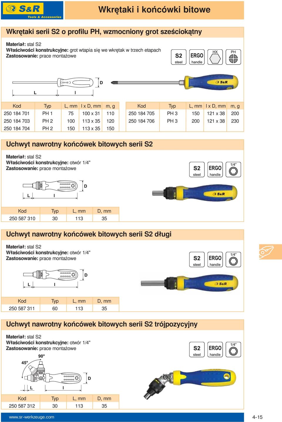 bitowych serii S2 Właściwości konstrukcyjne: otwór 1/4" Kod Typ L, mm D, mm 250 587 310 30 113 35 Uchwyt nawrotny końcówek bitowych serii S2 długi Właściwości konstrukcyjne: otwór