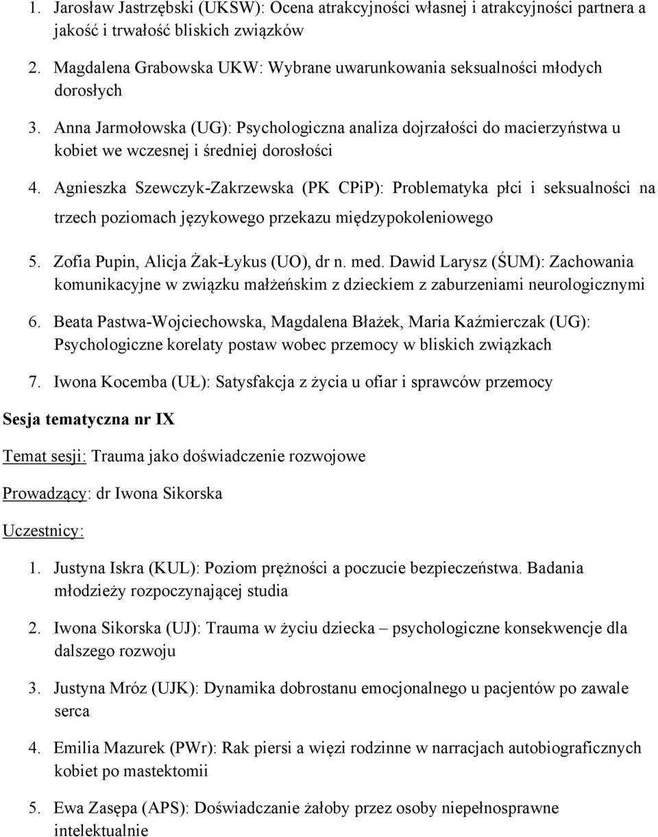 Anna Jarmołowska (UG): Psychologiczna analiza dojrzałości do macierzyństwa u kobiet we wczesnej i średniej dorosłości 4.