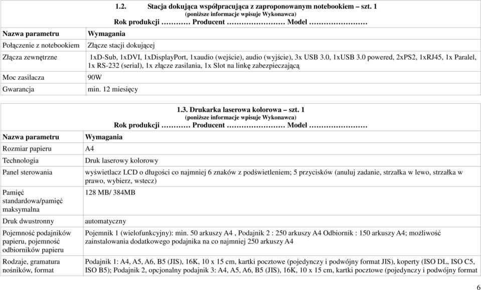 0 powered, 2xPS2, 1xRJ45, 1x Paralel, 1x RS-232 (serial), 1x złącze zasilania, 1x Slot na linkę zabezpieczającą Moc zasilacza Gwarancja 90W min.