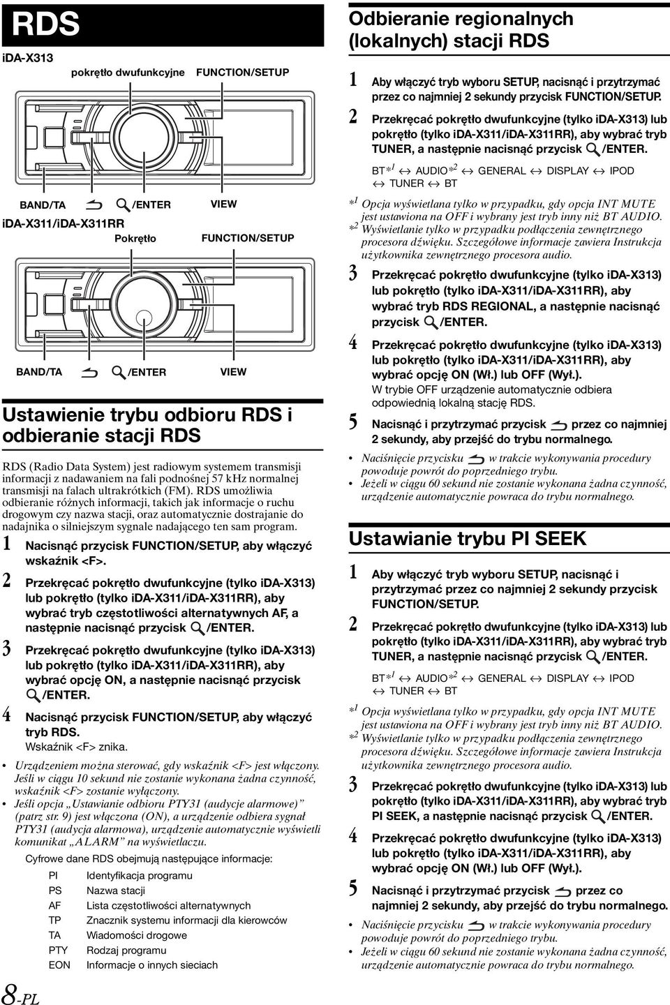 BT* 1 AUDIO* 2 GENERAL DISPLAY IPOD TUNER BT BAND/TA ida-x311/ida-x311rr Pokrętło BAND/TA /ENTER /ENTER VIEW FUNCTION/SETUP VIEW Ustawienie trybu odbioru RDS i odbieranie stacji RDS RDS (Radio Data